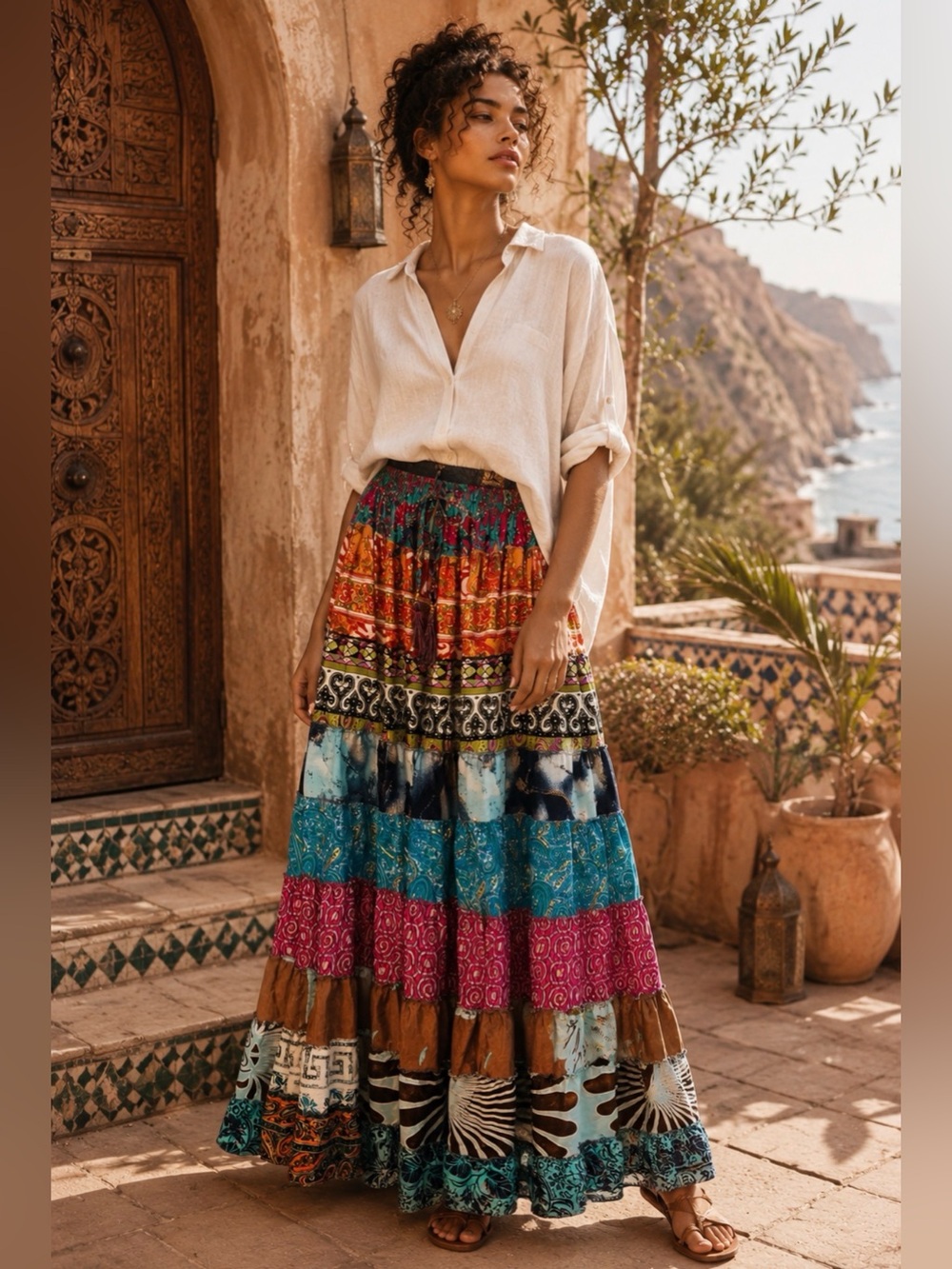 Boho Tiered Patchwork Maxi Skirt - Vibrant Multicolor